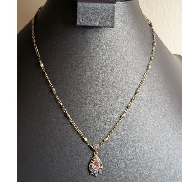1928 Antique Look Pink Purple Crystal Bronze Chain 16"-19" Necklace - Picture 1 of 6